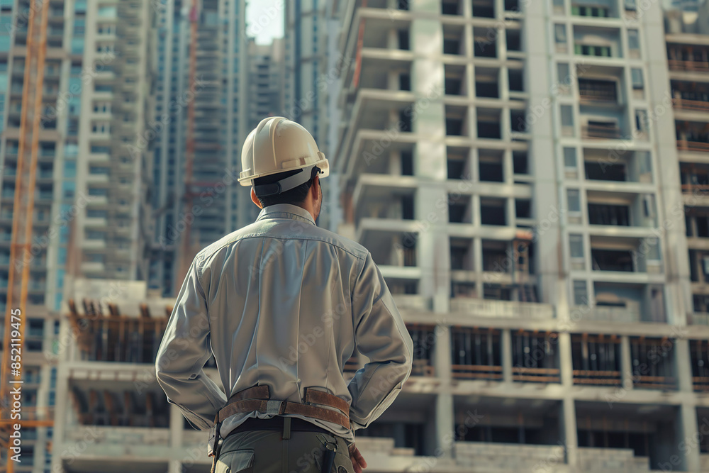 A man wearing a hard hat and a grey jacket stands in front of a building A man wearing a hard hat and a grey jacket stands in front of a building