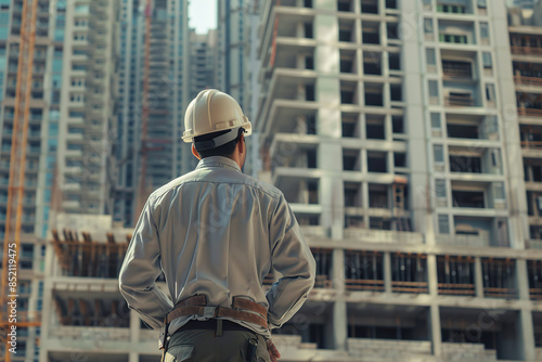 A man wearing a hard hat and a grey jacket stands in front of a building © shobakhul