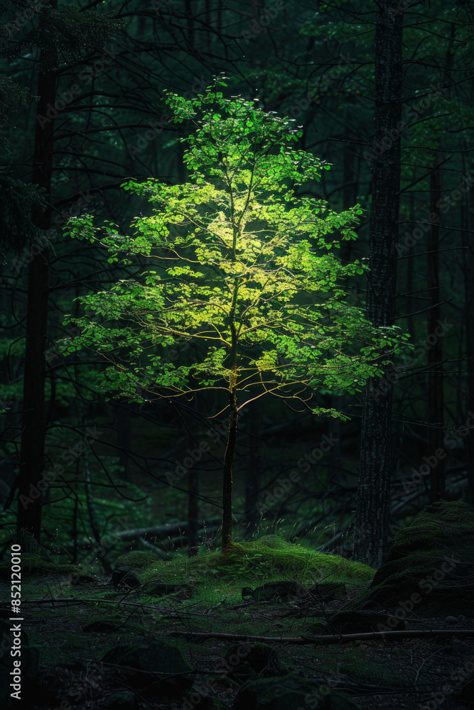 Fototapeta premium A single tree glowing softly in a dark, dense forest, providing light and hope amidst the shadows, symbolizing optimism in difficult times. 