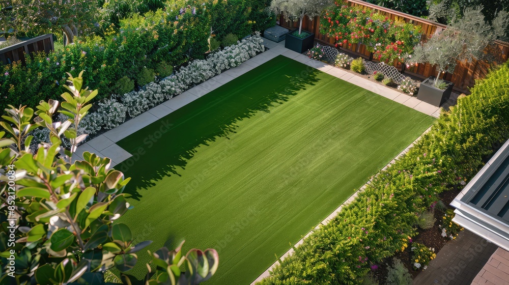 Bird's eye view capturing a suburban backyard oasis with a large artificial grass area for recreational activities, framed by flowering shrubs and a small orchard, offering both beauty and utility. Bird's eye view capturing a suburban backyard oasis with a large artificial grass area for recreational activities, framed by flowering shrubs and a small orchard, offering both beauty and utility.