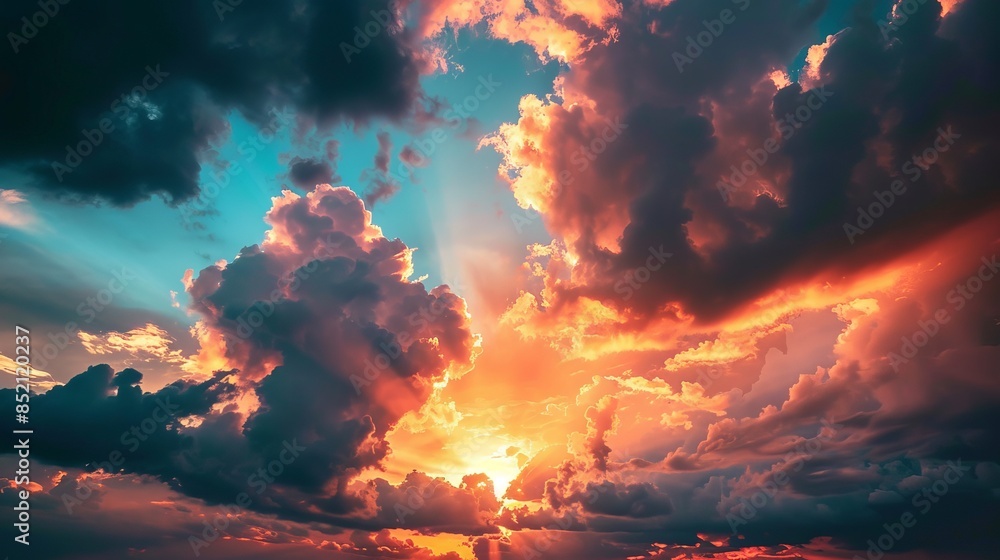 Fototapeta premium A dramatic sunset sky with clouds, casting vibrant hues across the horizon.