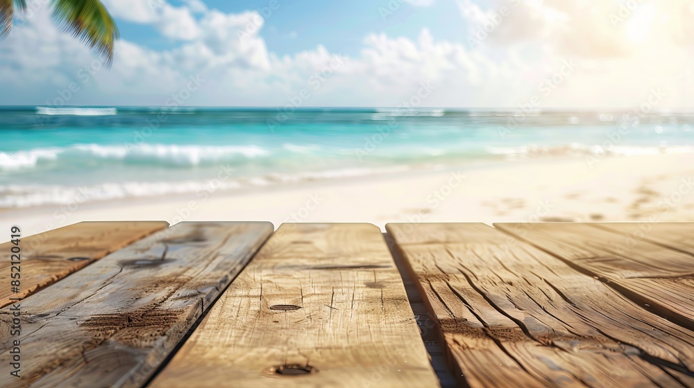 Empty rustic wooden table set against the blurred background of a beautiful beach, ideal for mockup summer product displays or travel advertisements. Empty rustic wooden table set against the blurred background of a beautiful beach, ideal for mockup summer product displays or travel advertisements.