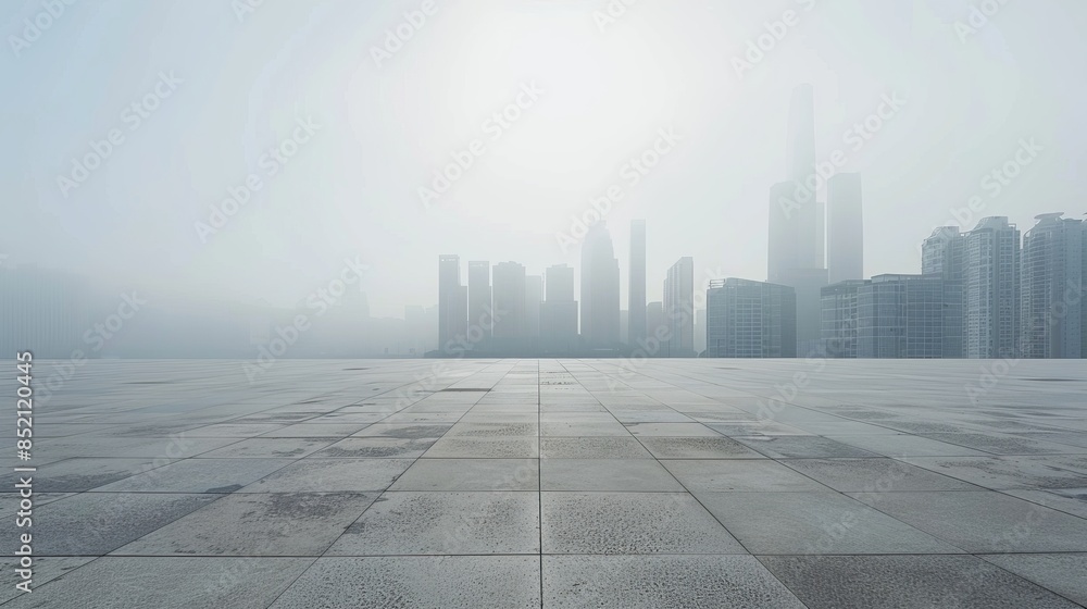 Empty square floor with a city skyline and buildings in the background Empty square floor with a city skyline and buildings in the background