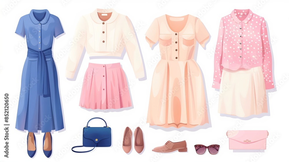 Fashion women's clothes set showcasing elegant female clothing isolated, featuring a collection of light-colored apparel for ladies. Fashion women's clothes set showcasing elegant female clothing isolated, featuring a collection of light-colored apparel for ladies.