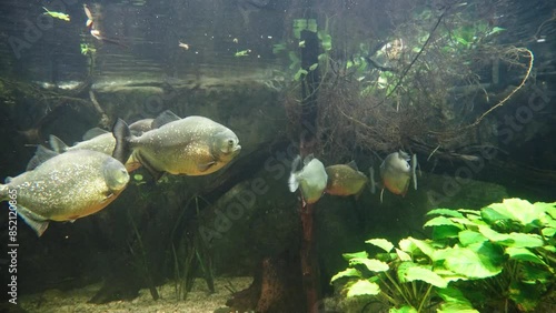 Adult piranhas swim in the water. photo