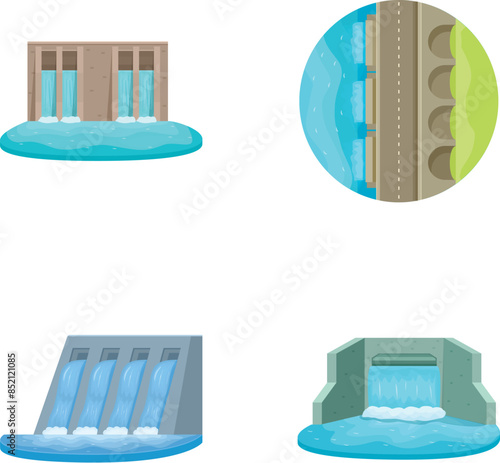 Collection of four illustrated hydroelectric dams and power stations with water flow, isolated on white