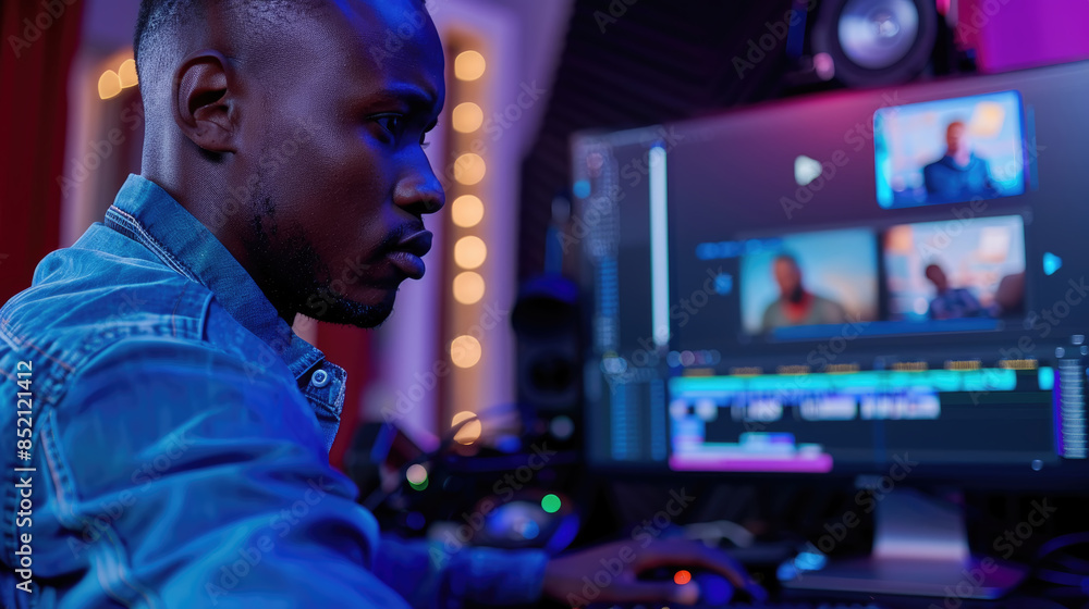 Fototapeta premium A young African American man sits at a computer, diligently editing video footage in a home studio setting
