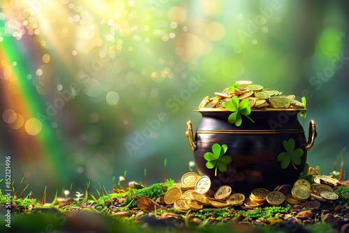 A gold pot with four clovers and many gold coins