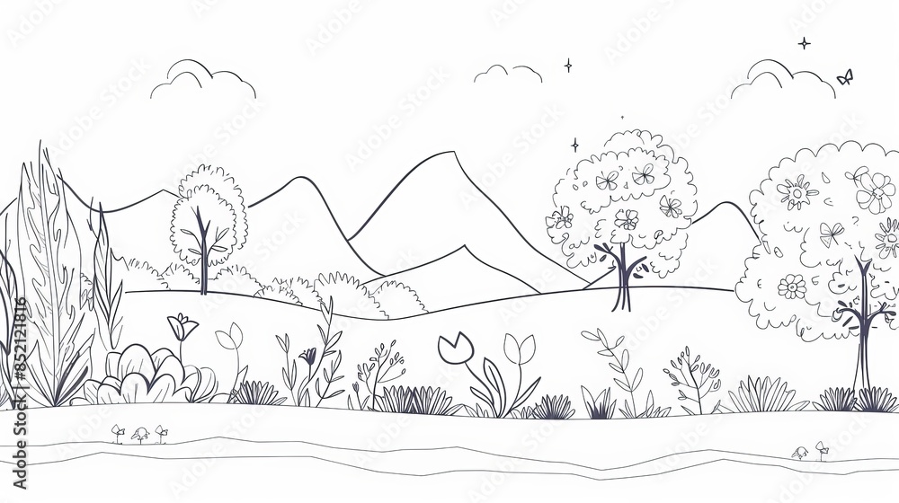Fototapeta premium Graphic vector illustration of a landscape featuring flowers, trees, and mountains, created in a single continuous line drawing concept.