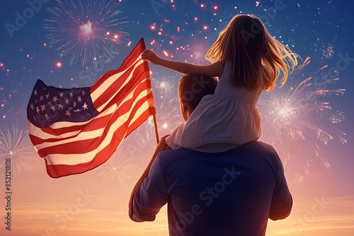 Cute little child sitting on shoulders of her father and holding American flag. Proud little girl celebrating patriotic holiday. Independence day, Memorial day, 4th of July, Flag Day photo