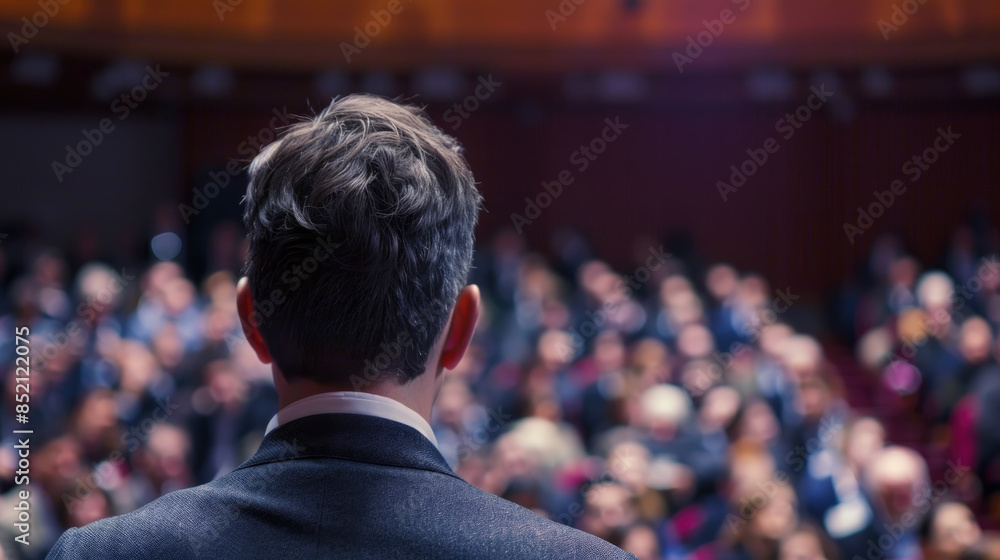 A speaker, facing a large audience, stands at the podium in a dimly lit auditorium A speaker, facing a large audience, stands at the podium in a dimly lit auditorium