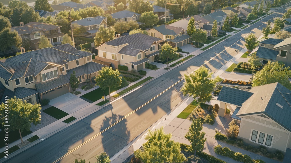 Bird's eye view of a suburban neighborhood at dawn, focusing on a sandy beige Craftsman style house, the streets empty and bathed in the soft morning light. Bird's eye view of a suburban neighborhood at dawn, focusing on a sandy beige Craftsman style house, the streets empty and bathed in the soft morning light.