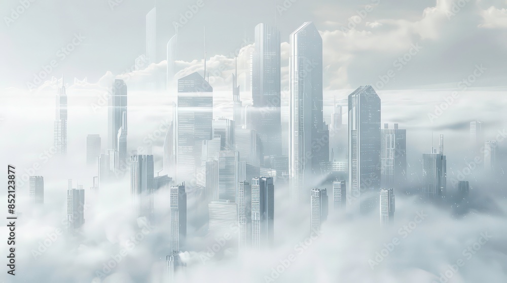 futuristic white city skyline building with fog white building background. Generative AI futuristic white city skyline building with fog white building background. Generative AI