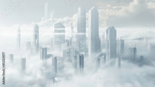 Fototapeta Naklejka Na Ścianę i Meble -  futuristic white city skyline building with fog white building background. Generative AI