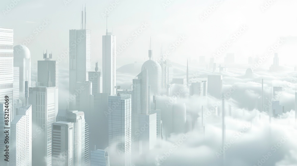 Fototapeta premium futuristic white city skyline building with fog white building background. Generative AI