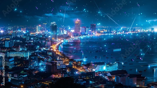 Wallpaper Mural "Panoramic view of Pattaya city at night in Thailand, illustrating smart network and connection technology concept." Torontodigital.ca