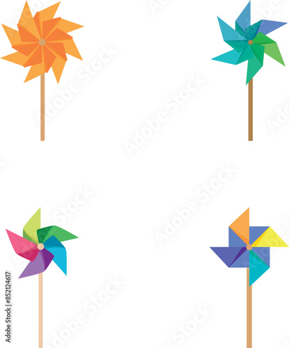 Four pinwheel designs with vibrant, multicolor segments on a clean background