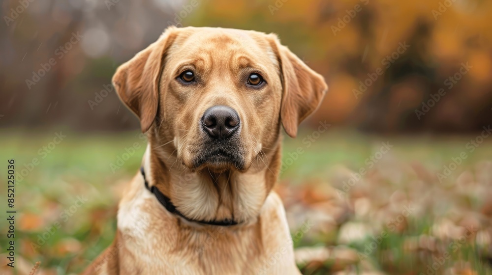 Golden Labrador Posed in Park Gazing at Camera Golden Labrador Posed in Park Gazing at Camera