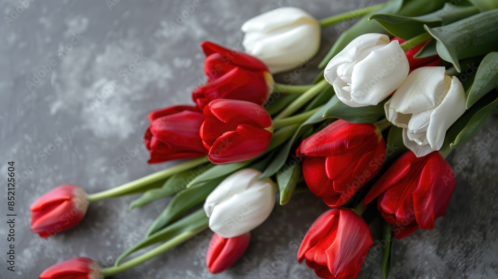 Red and white tulip bouquet on gray background for special occasions Banner Red and white tulip bouquet on gray background for special occasions Banner