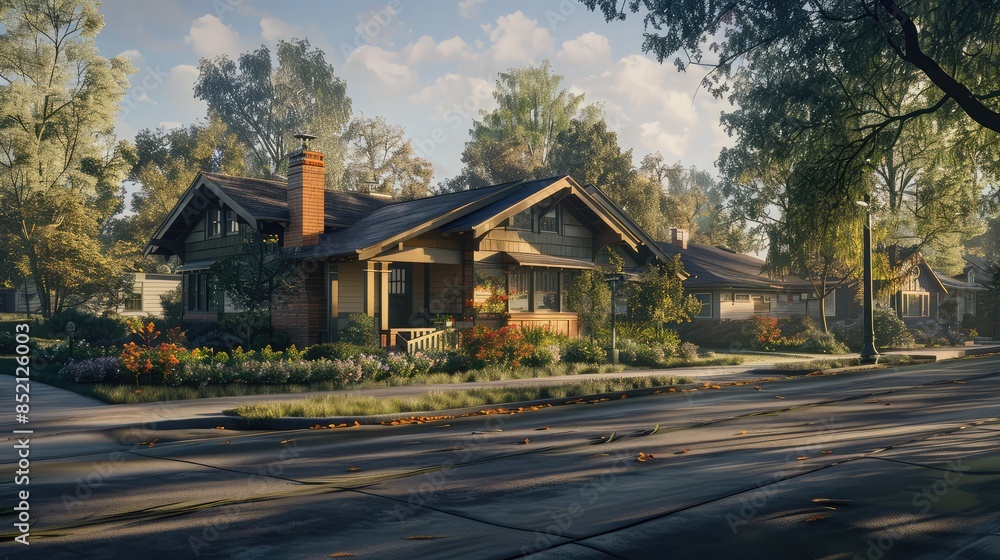 Early morning light casting gentle shadows on a Craftsman style house, the surrounding suburban streets quiet and empty, enveloped in a peaceful ambiance. Early morning light casting gentle shadows on a Craftsman style house, the surrounding suburban streets quiet and empty, enveloped in a peaceful ambiance.