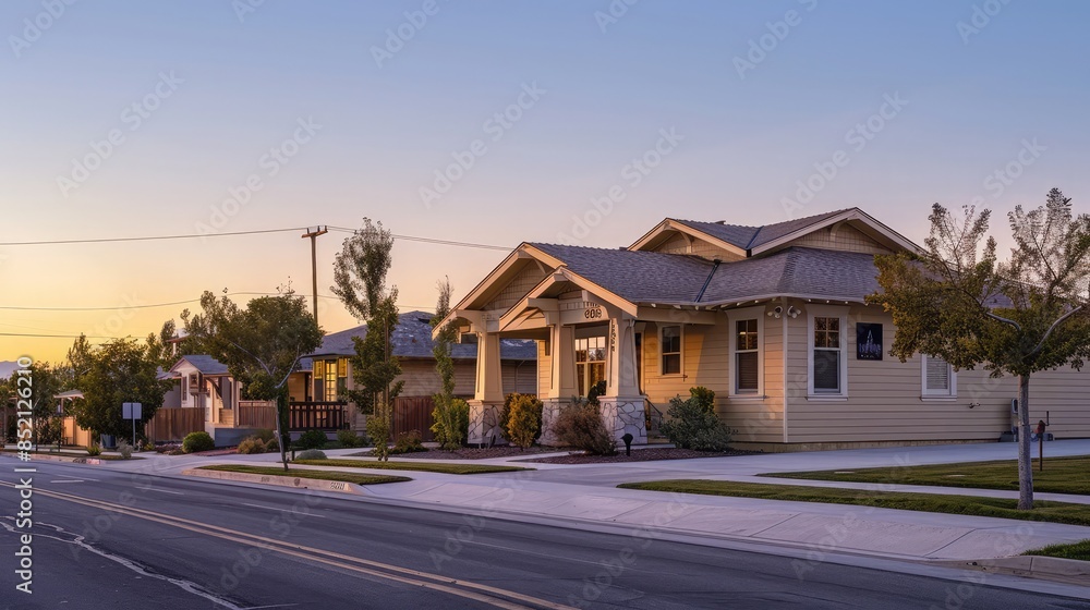 Early morning serenity envelops a Craftsman style house in sandy beige, with empty suburban streets surrounding it, all under the soft light of dawn. Early morning serenity envelops a Craftsman style house in sandy beige, with empty suburban streets surrounding it, all under the soft light of dawn.