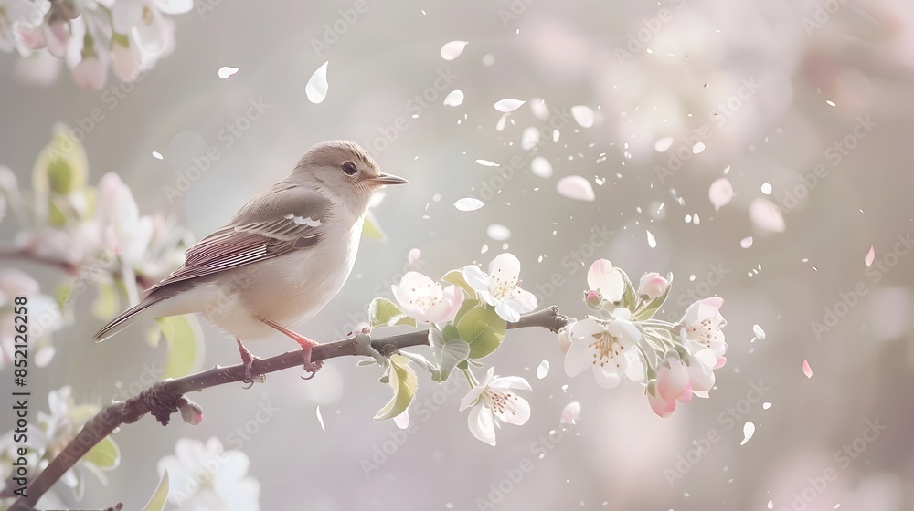 Singing Songbird on Blossoming Branch Amid Falling Petals in Romantic Spring Garden Scene Singing Songbird on Blossoming Branch Amid Falling Petals in Romantic Spring Garden Scene