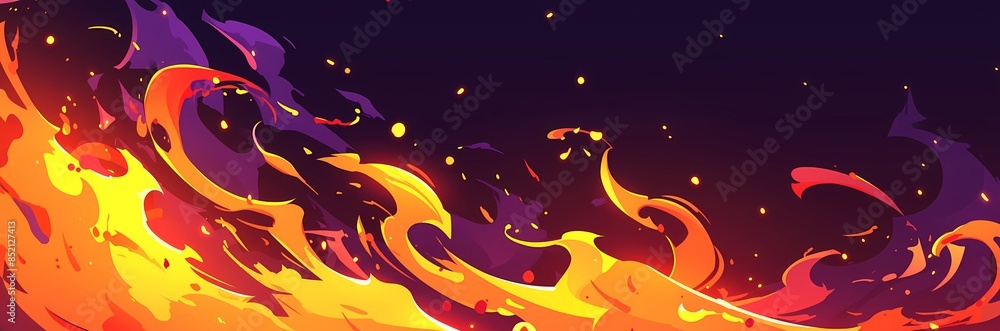 Fire cartoon frame on dark background. Burning flame in darkness with bright red and yellow heat. Energy power element, bright and blazing, glare and explosion. Design template with copy space Fire cartoon frame on dark background. Burning flame in darkness with bright red and yellow heat. Energy power element, bright and blazing, glare and explosion. Design template with copy space