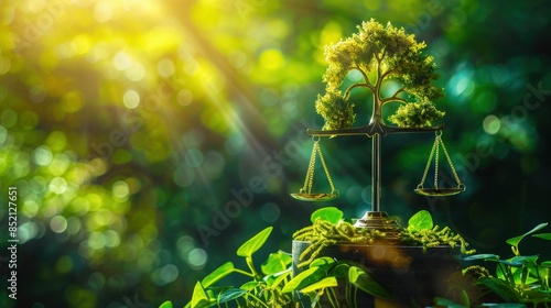 Scales of justice with tree growing on top, representing environmental law and sustainable business practices in green environment background ,copy space #852127651