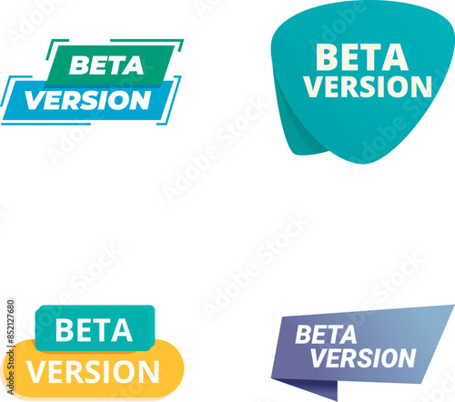 Colorful beta version stickers set for software testing and prerelease sign label vector design development with modern graphic icon in teal. Turquoise. Blue. And purple for branding. Web element