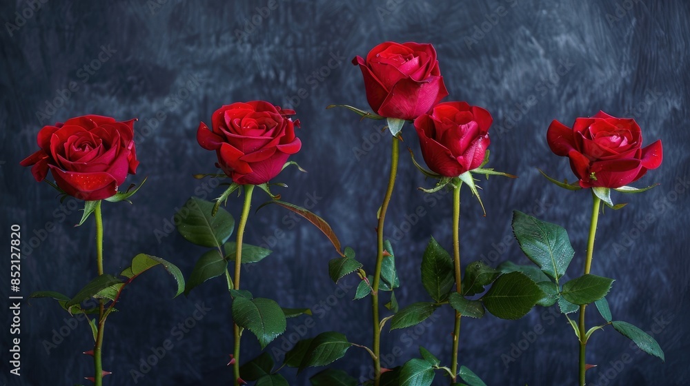 Five crimson roses against a dark isolated backdrop Five crimson roses against a dark isolated backdrop