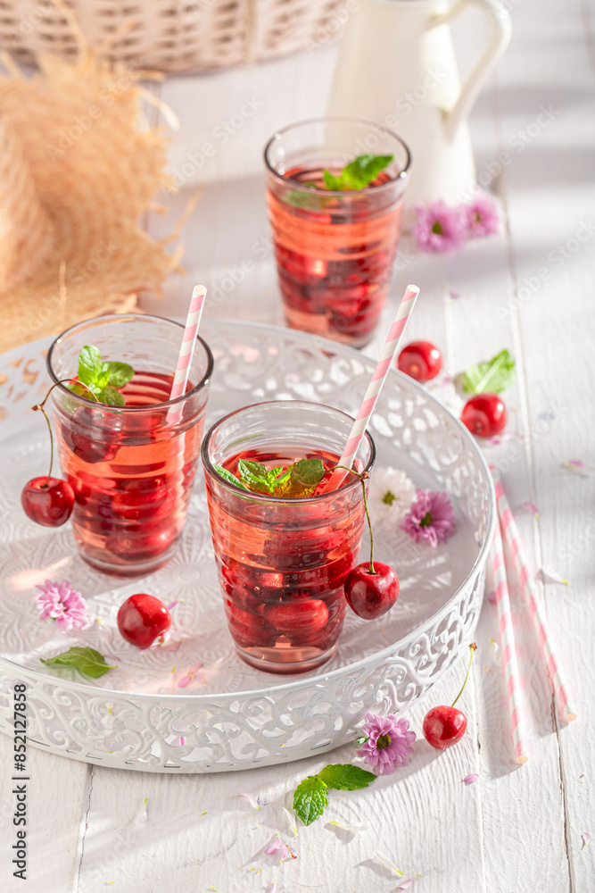 Homemade and tasty lemonade with mint and sweet cherries. Homemade and tasty lemonade with mint and sweet cherries.