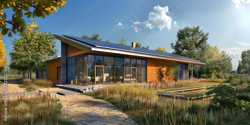 modern family house with solar panels, modern family house with solar panels,