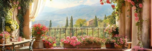 Comfortable alcove on an Italian balcony featuring floral arrangements and foliage, 