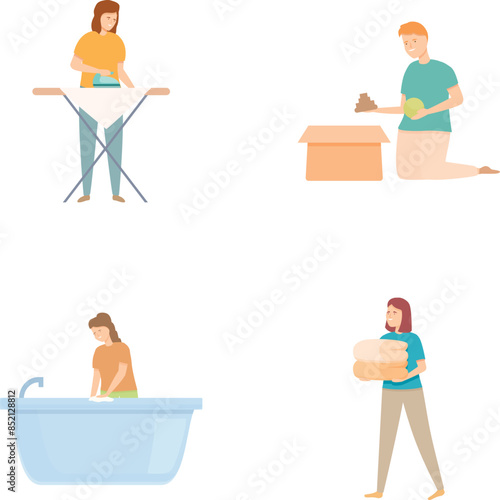 Everyday household chores collection, a modern illustrated vector set depicting domestic tasks. Cleaning. Cooking