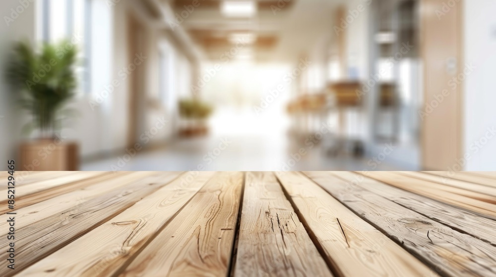 Wooden table in blurred hospital or cosmetics clinic Health medical or repair idea for product display or design layout Wooden table in blurred hospital or cosmetics clinic Health medical or repair idea for product display or design layout