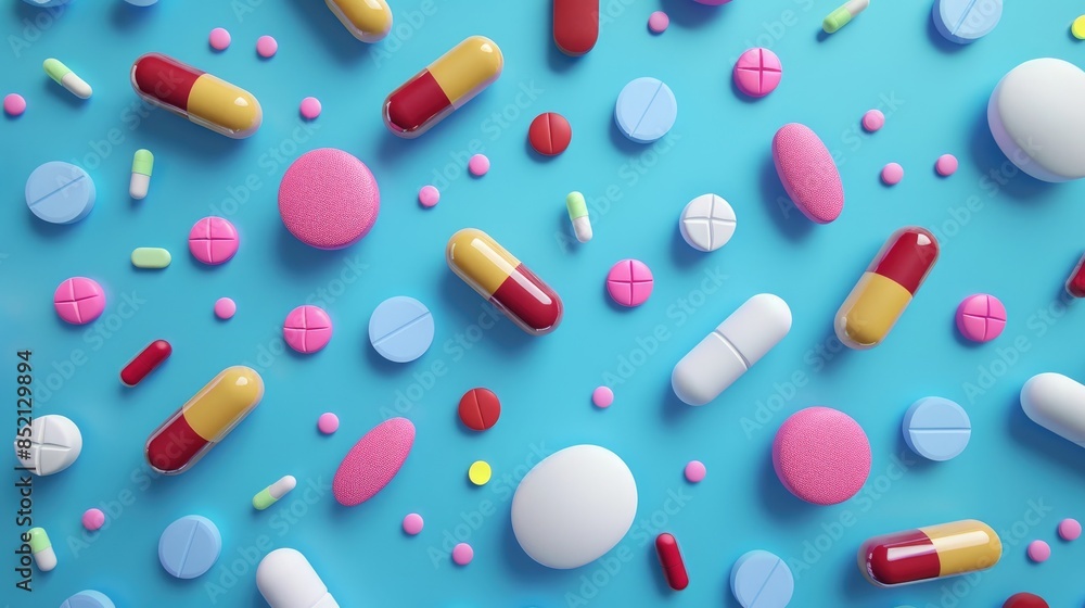 Vibrant pills and capsules on blue backdrop Vibrant pills and capsules on blue backdrop
