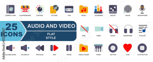 vector about audio and video.flat icon set.contains  CLAPPERBOARD,VOLUME,CONTROL,CD CASE,TAPE,SPEAKER,VOLUME,UP,DOWN,DECREASE,ADD,PREVIOUS.
