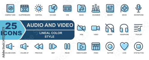 25 audio video icons.lineal style color.filled line.contains UP,DOWN,DECREASE,ADD,PREVIOUS,NEXT,SKIP,PAUSE,VIDEO FOLDER,STORAGE,PIANO.