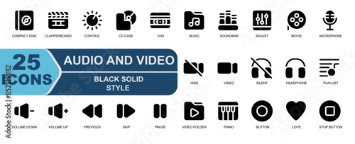 illustration video audio vector collection.black solid style.contains  SILENT,VIDEO,HIDE,SPEAKER,VOLUME,UP,DOWN,DECREASE,ADD,PREVIOUS,NEXT,SKIP.
