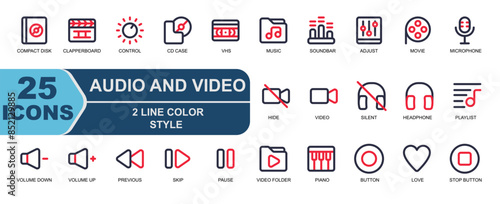 icon set video audio.style 2 line color.contains STORAGE,PIANO,BUTTON,REC,LOVE,LIKE,STOP BUTTON,MUSIC,SOUNDBAR,ADJUST,PERSONALIZATION,MOVIE .
