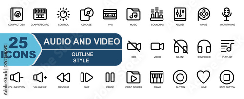 icon set audio video.thick outline style.contains icons COMPACT DISK,CLAPPERBOARD,VOLUME,CONTROL,CD CASE,TAPE,VHS.