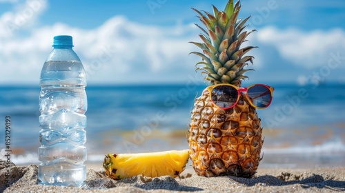 A refreshing summer picnic by the beach calls for a juicy pineapple donning stylish sunglasses to shield its eyes alongside a water bottle for a cool sip It s the perfect moment to savor li photo