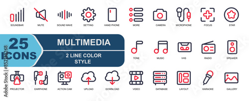 Multi media image collection. 2 line color style. Suitable for application and web UI.
