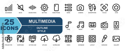 multimedia icon set.style outline.contains VOLUME,SOUNDBAR,SPEAKER,QUIET,MUTE,SOUND WAVE,SETTING,GEAR,HANDPHONE.
