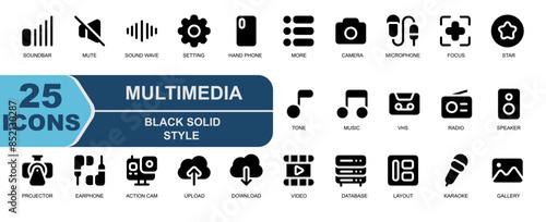 25 icon set multi media.solid black style.contains SETTING,GEAR,HANDPHONE,SMARTPHONE,MORE,SETTINGS,CAMERA,LAVALIER,FOCUS.