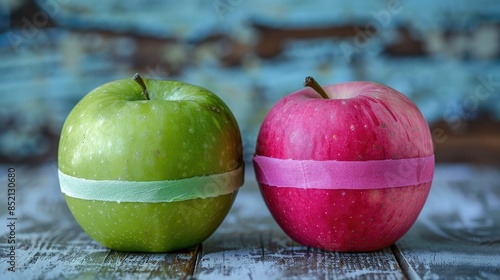 A close up shot showcases a vibrant green apple and a pink one tightly wrapped with tape on a rustic wooden table background This image embodies the themes of healthy eating dieting healthca photo