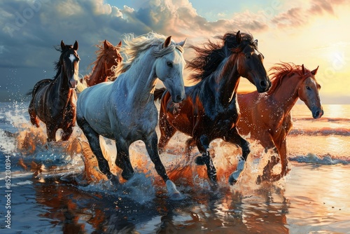 Majestic horses gallop through the water at sunset, their manes flowing in the wind.