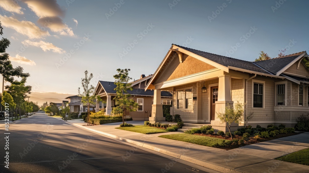 The early morning light softly touching a sandy beige Craftsman style house, with the suburban streets around it empty and peaceful. The early morning light softly touching a sandy beige Craftsman style house, with the suburban streets around it empty and peaceful.