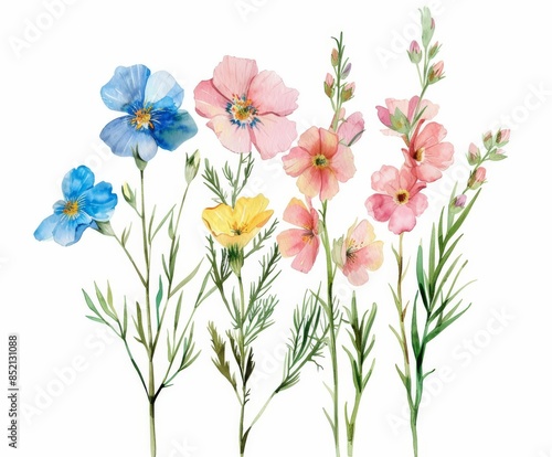 A beautiful watercolor floral set with gentle spring field flowers. Stock illustration.