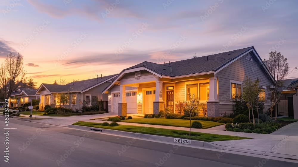 The gentle glow of dawn creates a tranquil atmosphere around a sandy beige Craftsman style house, with suburban streets quiet and untouched. The gentle glow of dawn creates a tranquil atmosphere around a sandy beige Craftsman style house, with suburban streets quiet and untouched.
